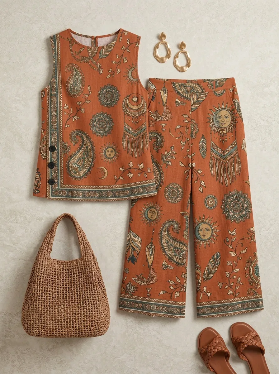 Women's Boho Paisley Sun Printed Sleeveless Two-Piece Set