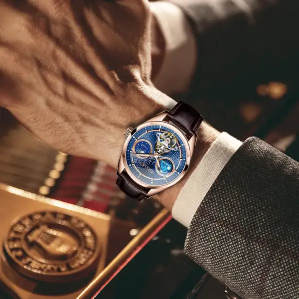 Sollen SL332 Men's Open Heart Automatic Mechanical Watch - 41mm Stainless Steel Case Sapphire Crystal Moon Phase Dual Time Leather Strap Wristwatch