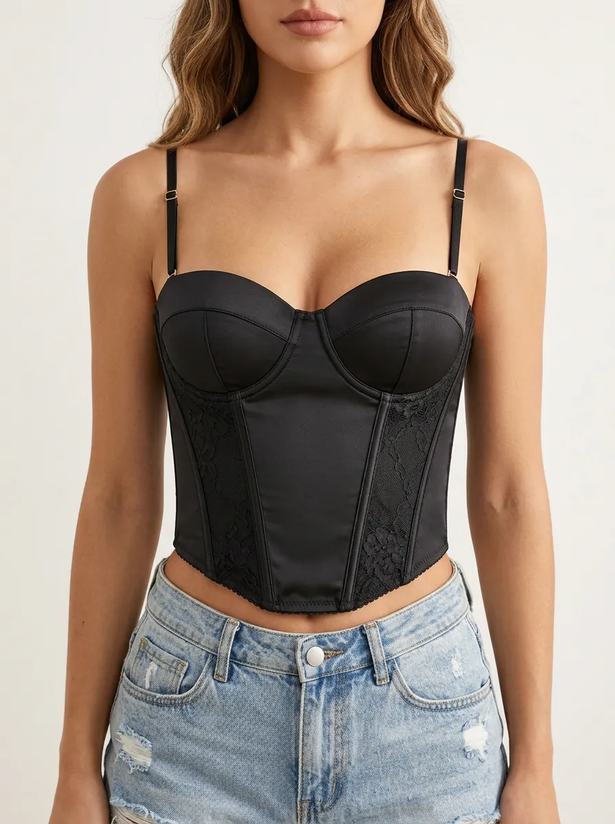 Lace-Panel Satin-Style Boned Women's Corset Top