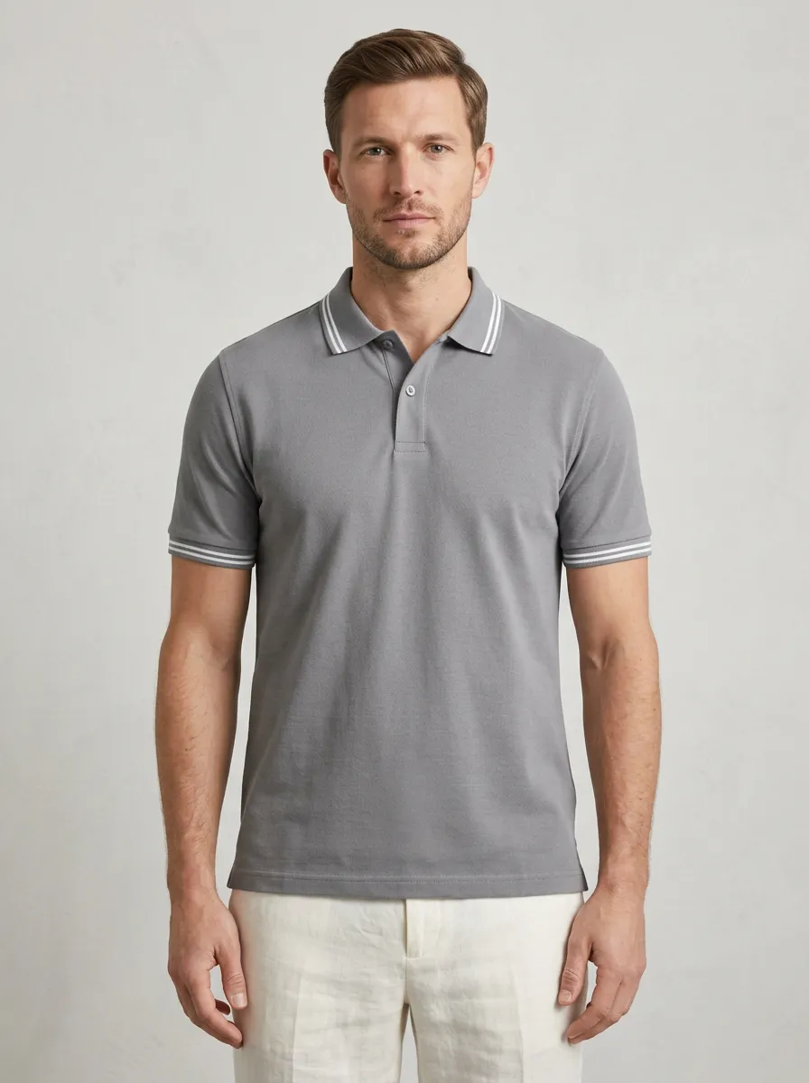 Men's Casual Grey Tipped Collar Striped Cuff Polo Shirt