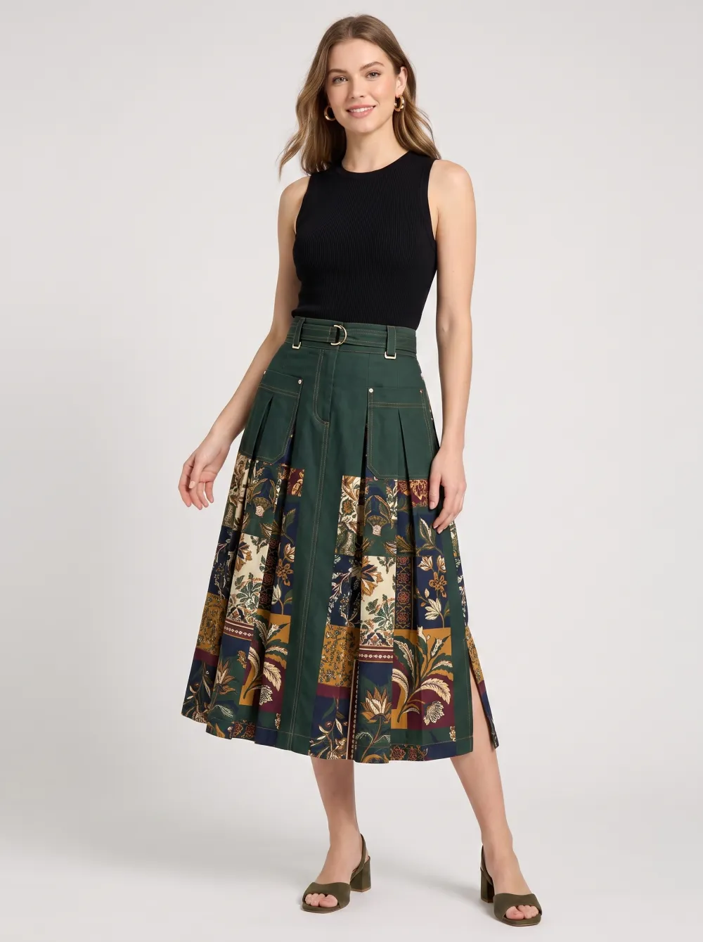Women's Vintage Floral Patchwork Printed Midi Skirt