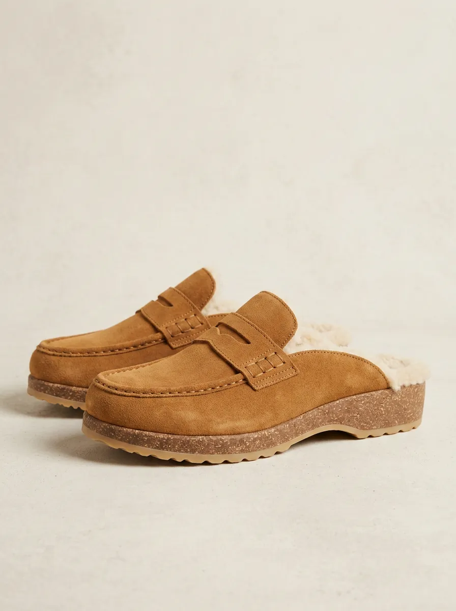 Women's Field Faux Fur Lined Casual Suede Wood Sole Loafers