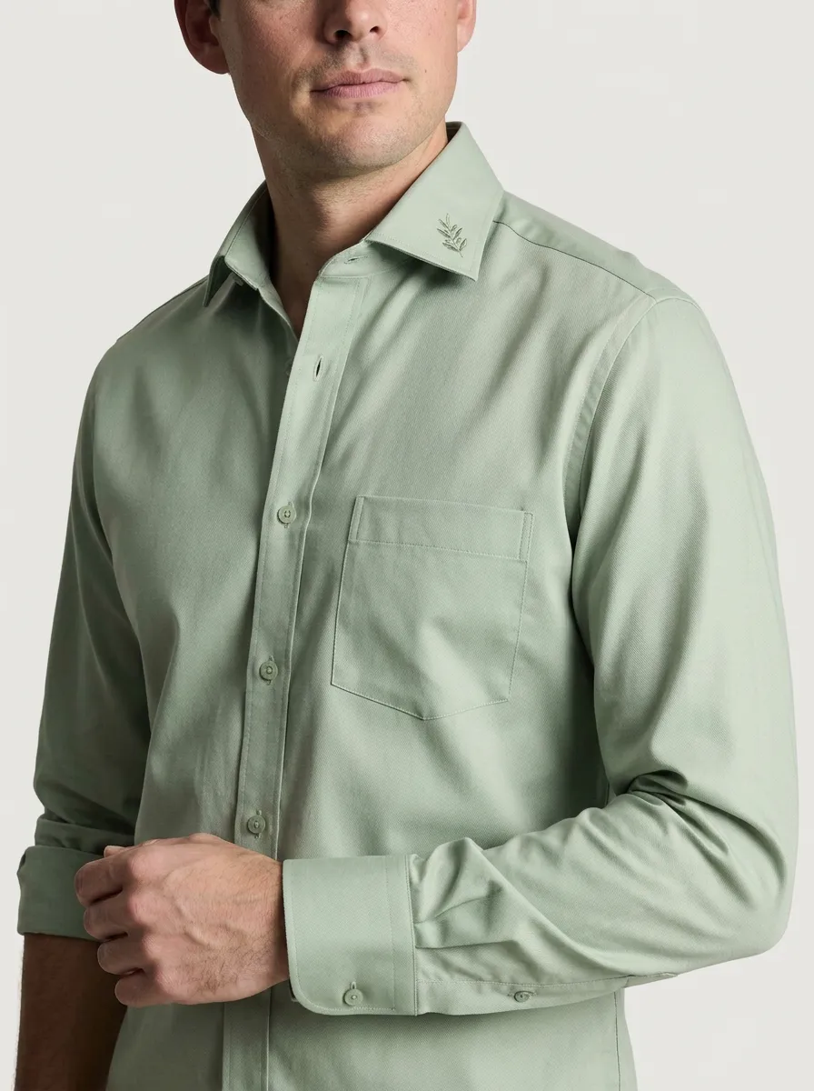 Men's Non-Iron Cotton Olive Leaf Embroidered Button-Down Shirt