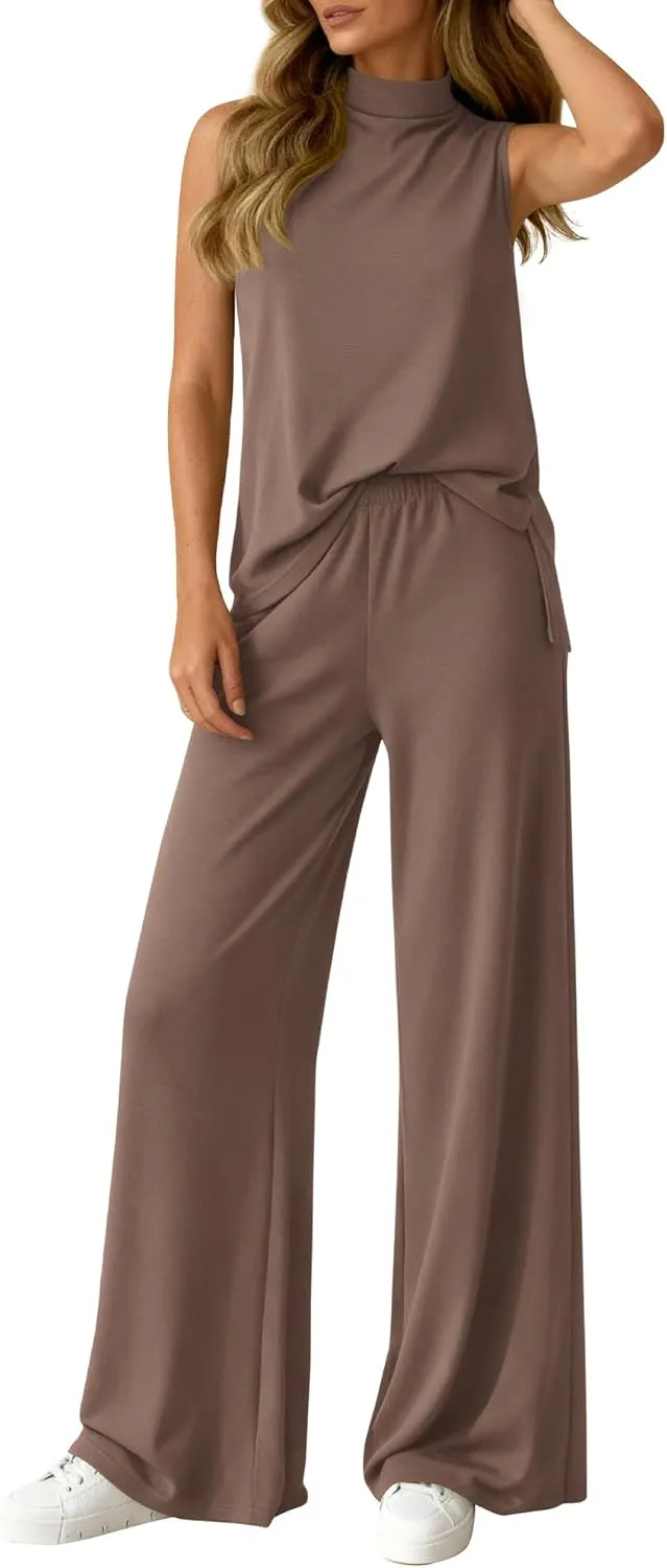 Summer 2 Piece Lounge Sets For Women Sleeveless Mock Neck Wide Leg Loose Spring Vacation Airport Travel Outfits