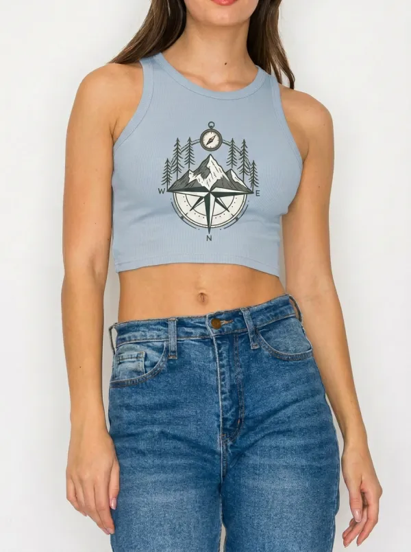 Women's Hiking Adventure Mountain Compass Printed Crop Top