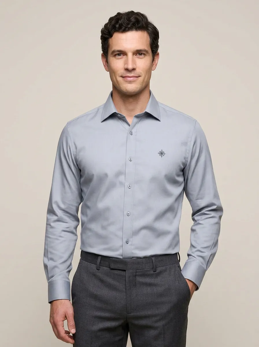 Men's Non-Iron Cotton Compass Logo Embroidered Dress Shirt