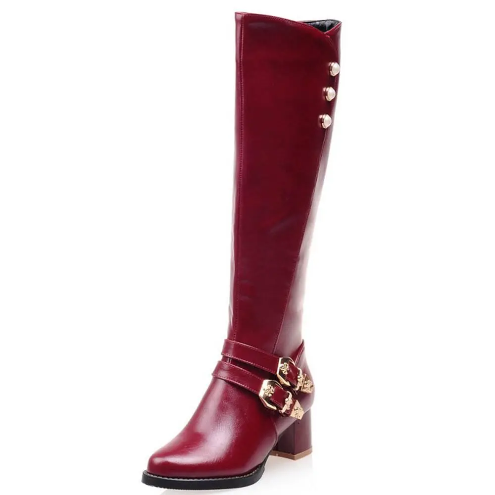 Buckle Strap Block-Heel Knee-High Riding Boots