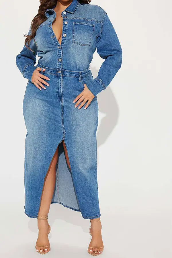 Blue Gradient Denim Slit Midi Dress