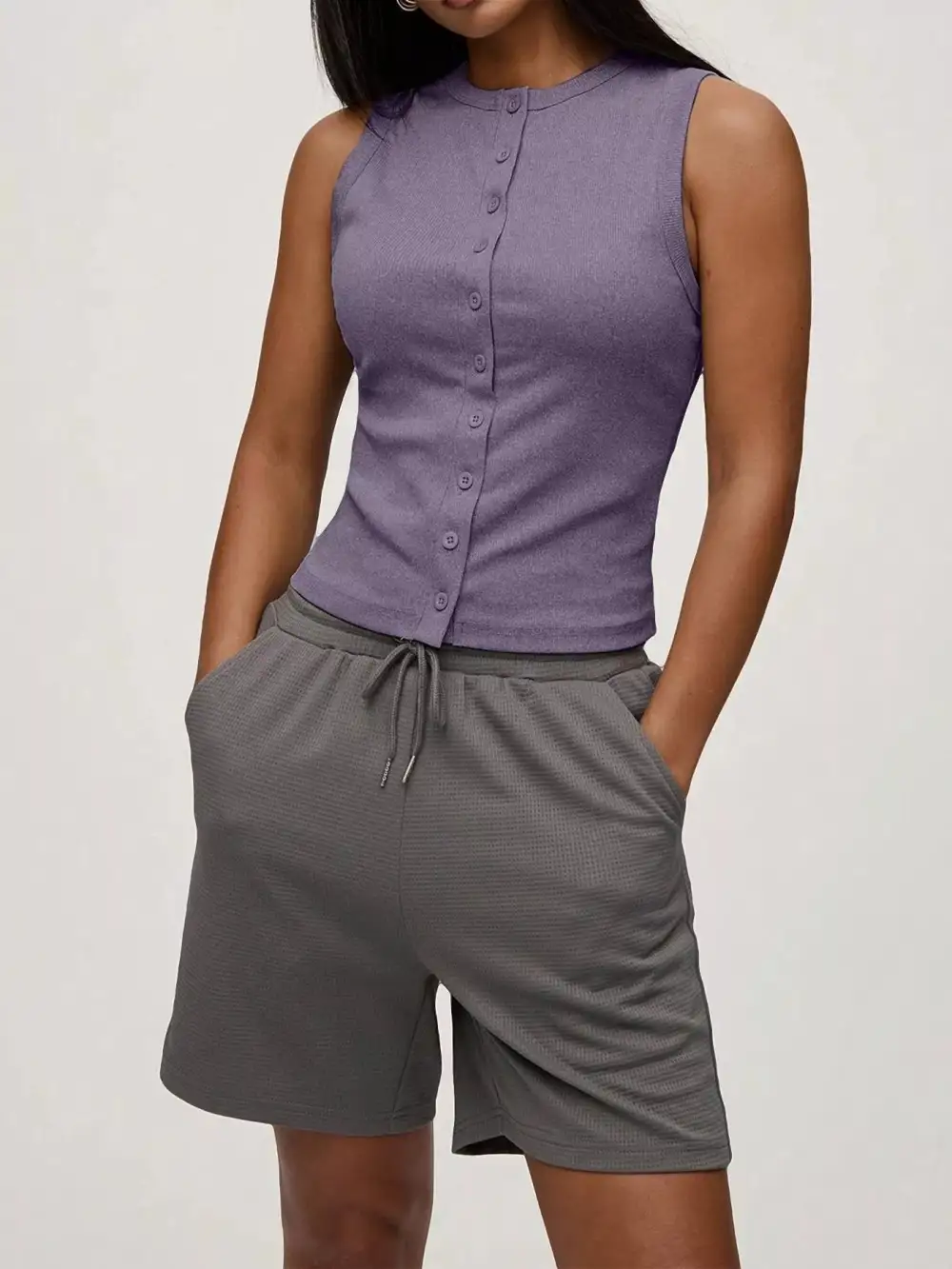 Ribbed Button Front Sleeveless Tank