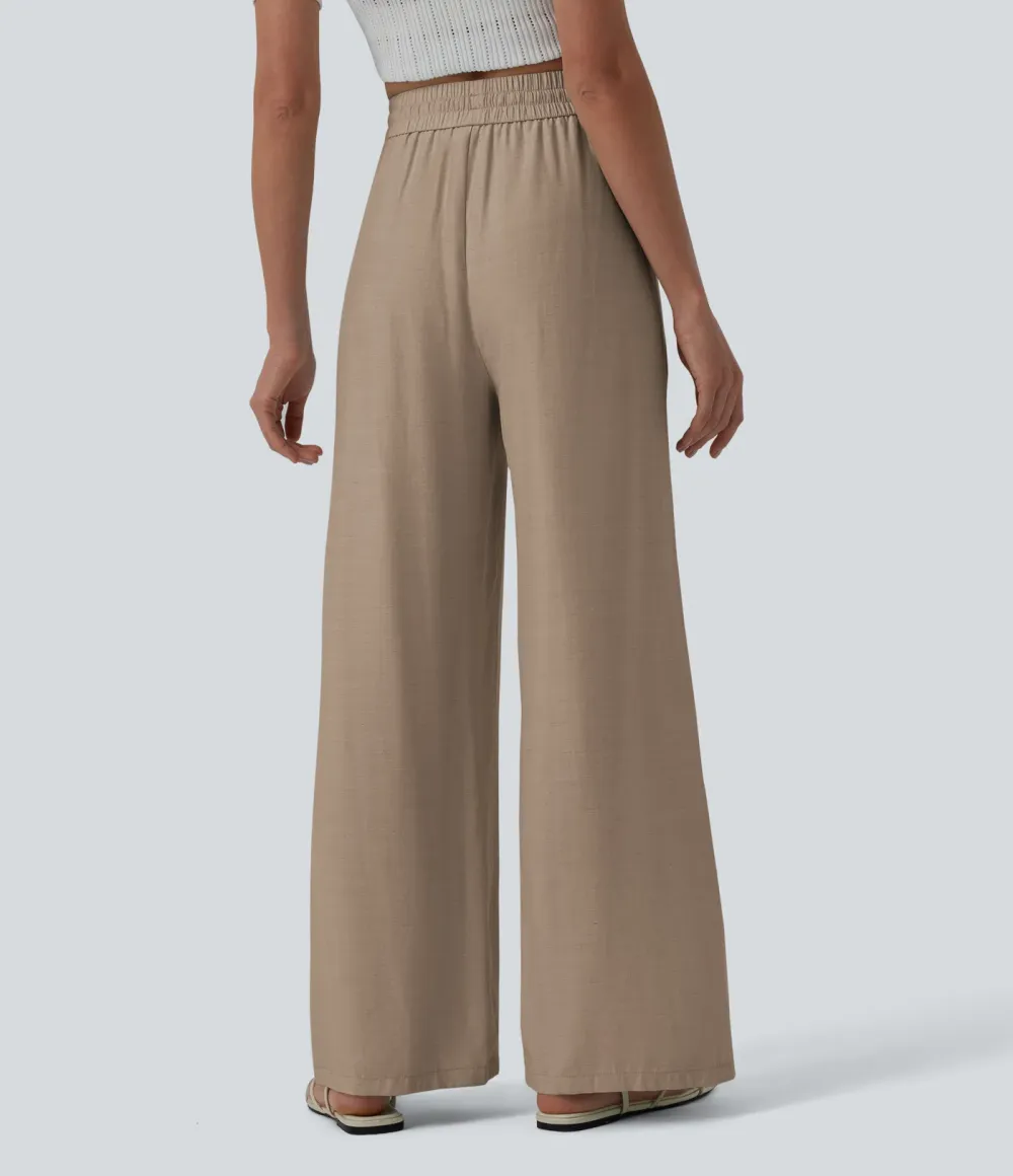 2026🔥High Waisted Drawstring Wide Leg Casual Linen-Blend Trousers with Pockets