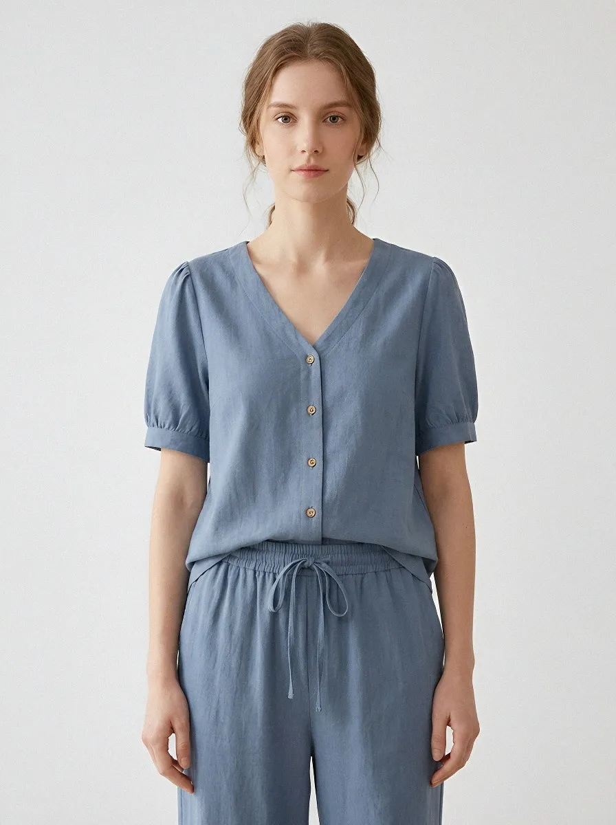 Short-Sleeve Button-Front Relaxed Women's V-Neck Casual Lounge Set