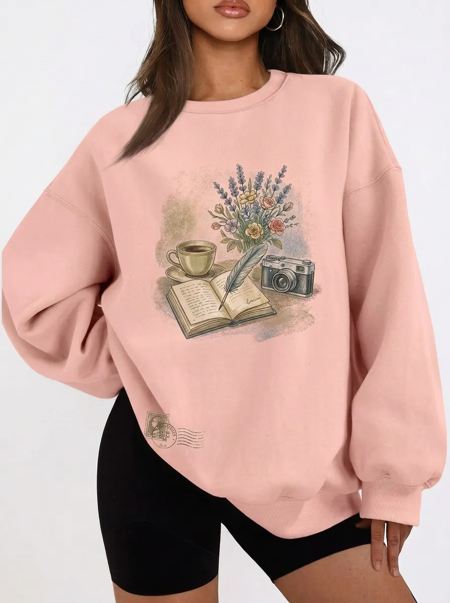 Women's Book Coffee Camera Floral Graphic Sweatshirt