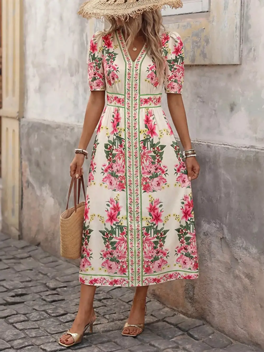 Floral Printed V Neck Midi Dress