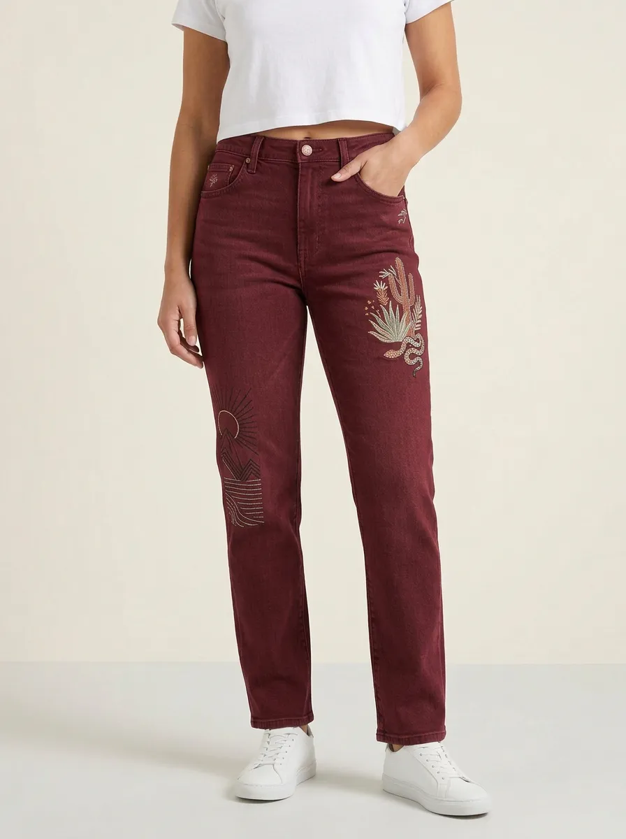 Women's Desert Cactus Snake Mountain Printed Straight Leg Jeans