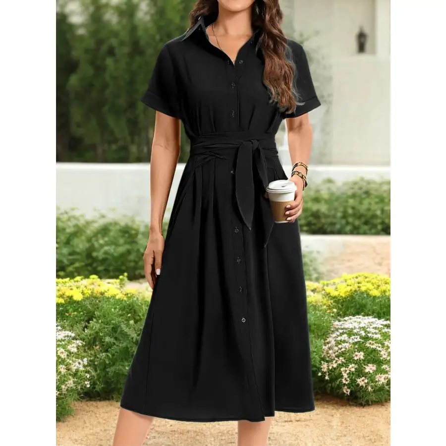 Button Down Belted Midi Shirt Dress