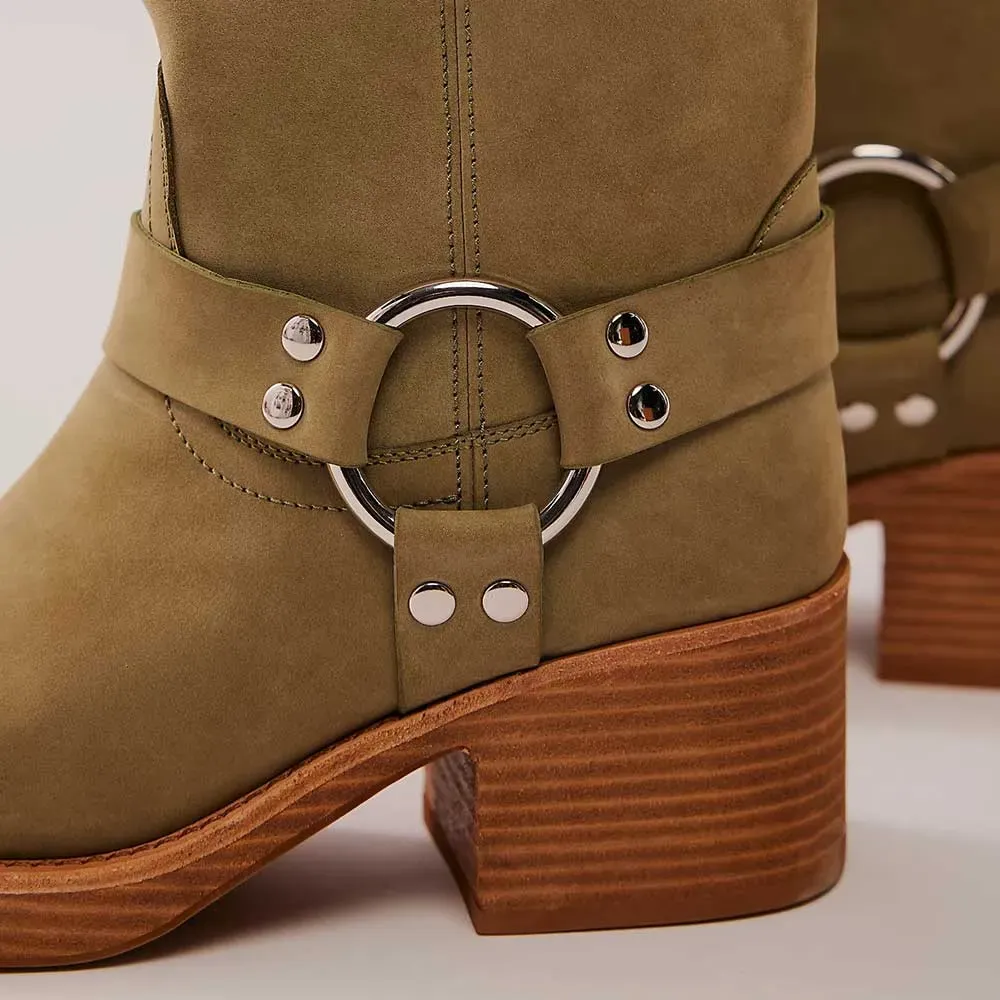 Faux-Leather Studded Buckle-Detail Side-Zip Mid-Calf Boots