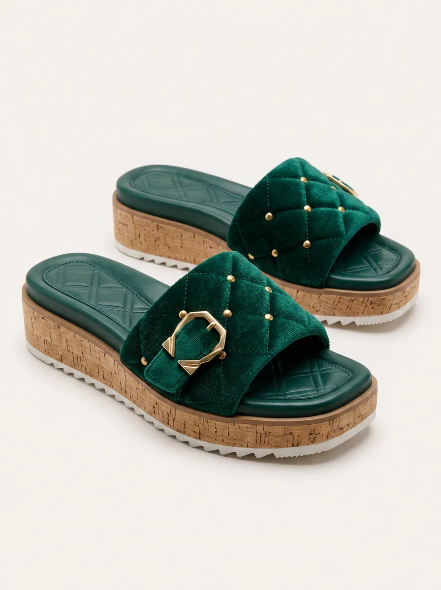 Women's Green Velvet Quilted Studded Cork Platform Slides