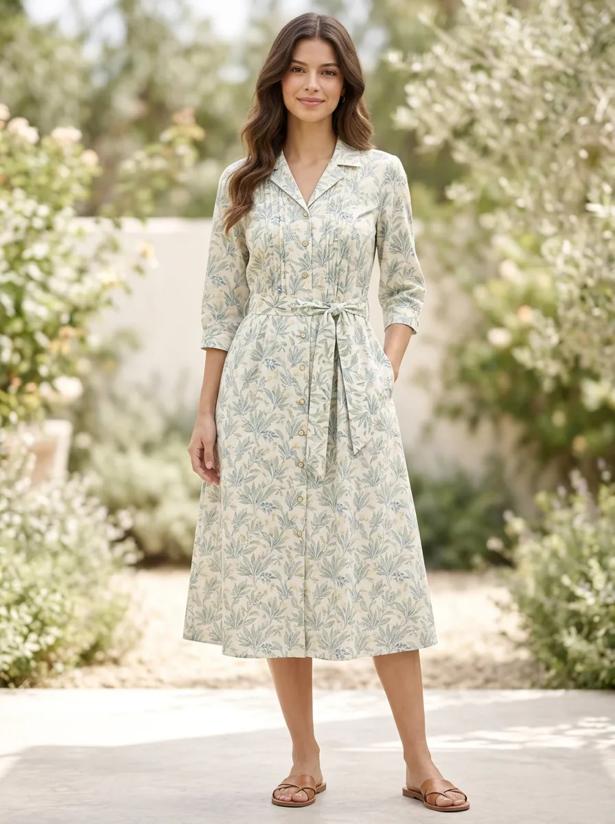 Women's Botanical Leaf Everyday Printed Midi Dress