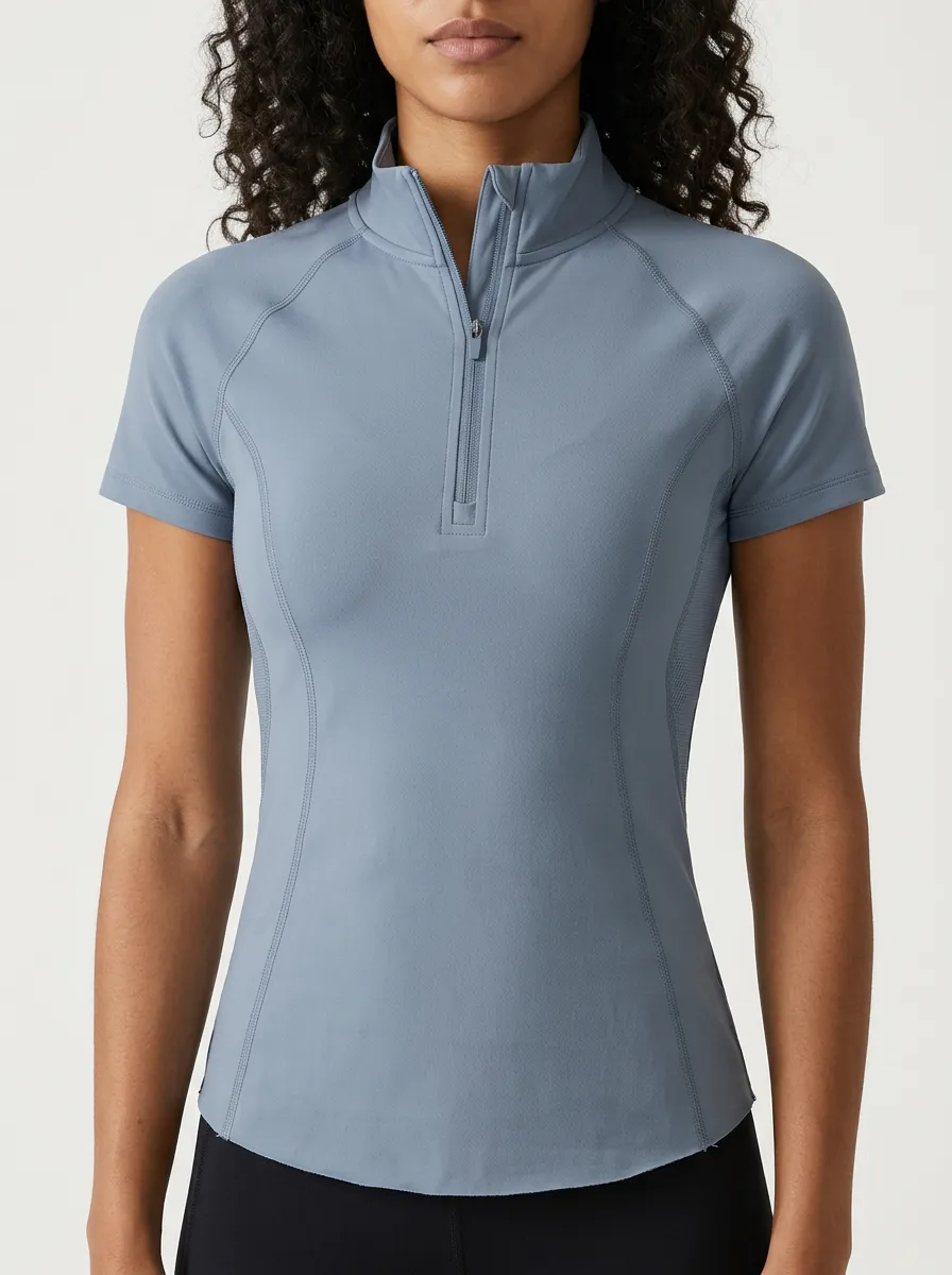 Women's Athletic Fitness Blue Quarter Zip Short Sleeve Shirt