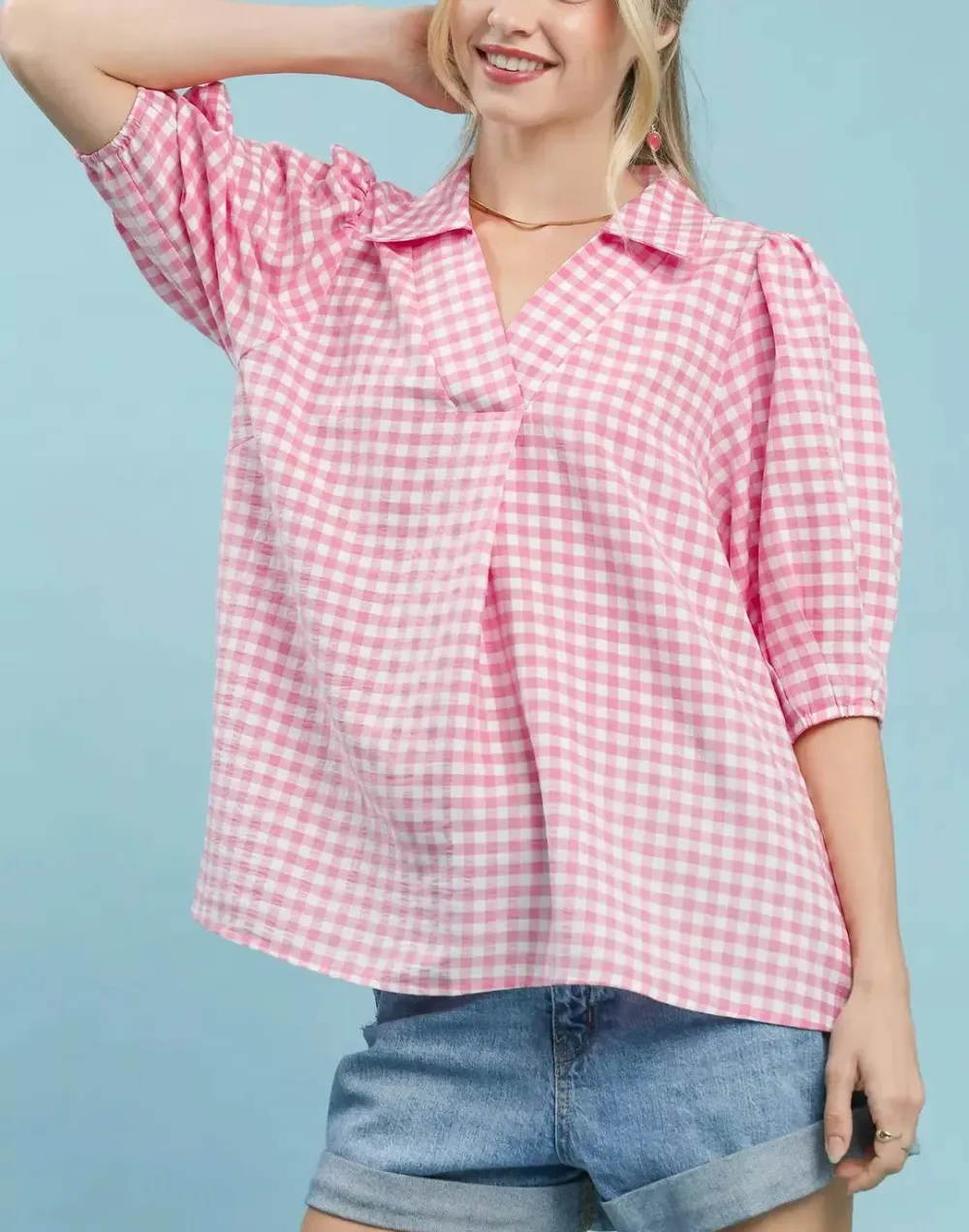 Puff Sleeve Collared Gingham Blouse