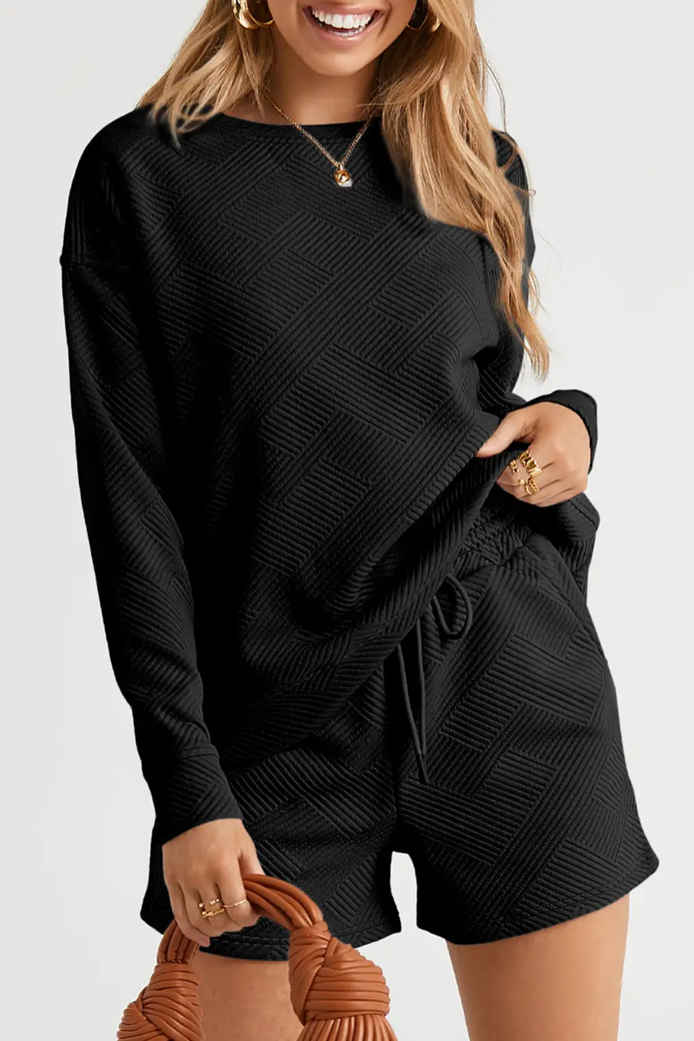Women's Textured Long Sleeve Top and Drawstring Shorts Set