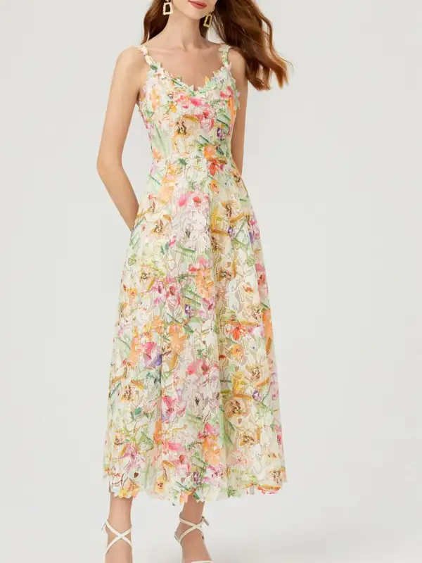 Floral Lace V Neck Midi Dress