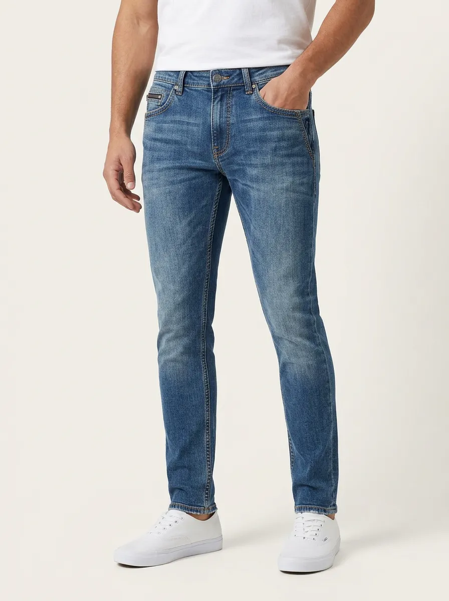 Men's Casual Faded Blue Slim-Fit Jeans