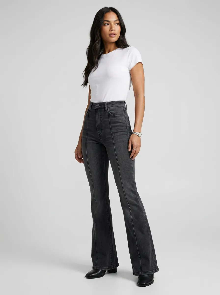 High-Waist Vintage-Wash Seamed Women's High-Waist Stretch Flare Jeans