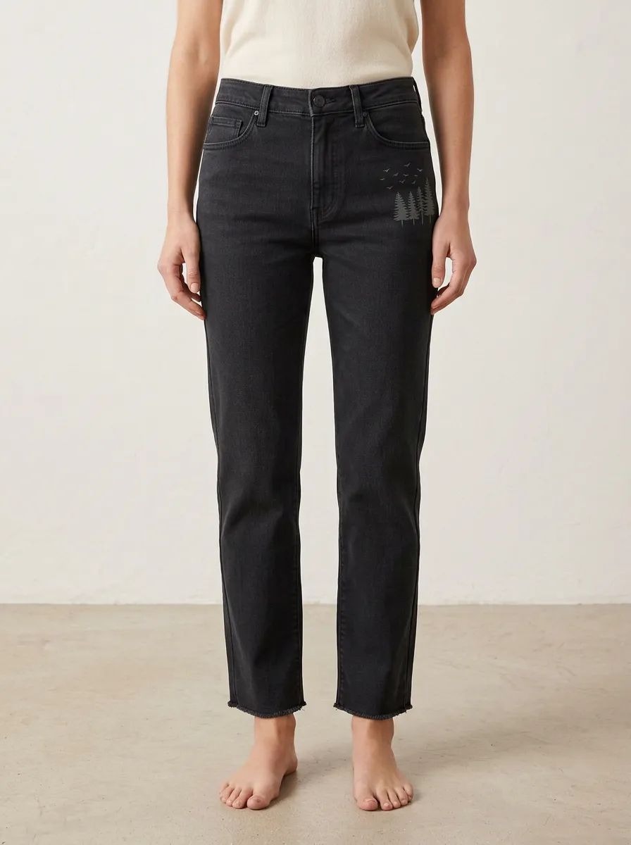 Women's Pine Tree Bird Graphic Left-Hip Frayed-Hem Mid-Rise Straight-Leg Jeans