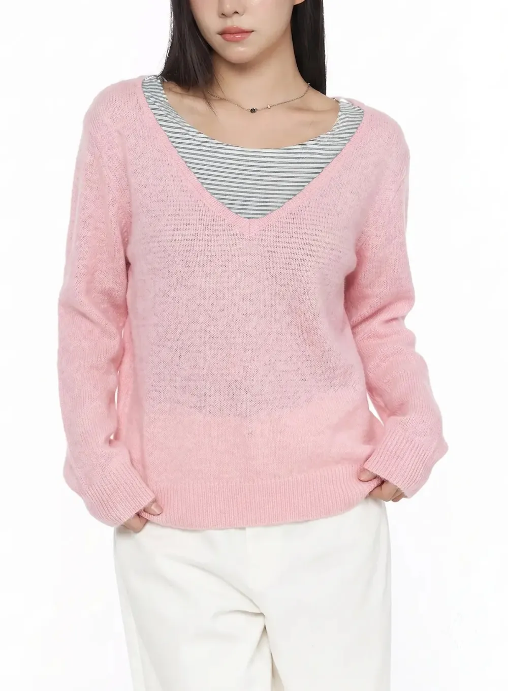 Deep V-Neck Relaxed Long Sleeve Knit