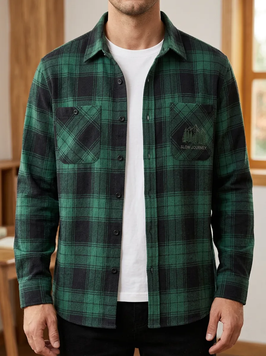 Mountain Forest Plaid Button Cuff Shirt