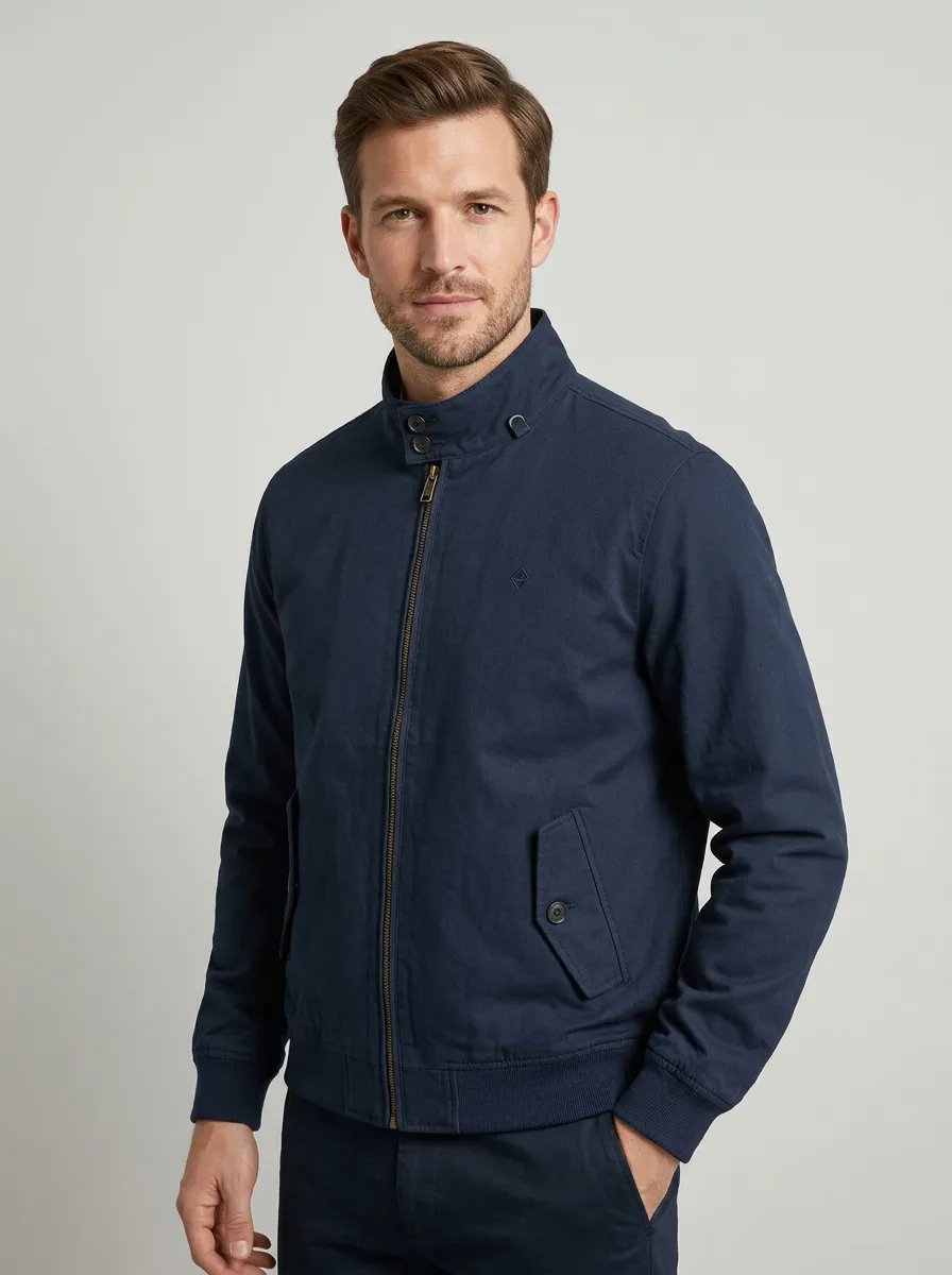 Men's Casual Minimalist Navy Solid Printed Harrington Jacket