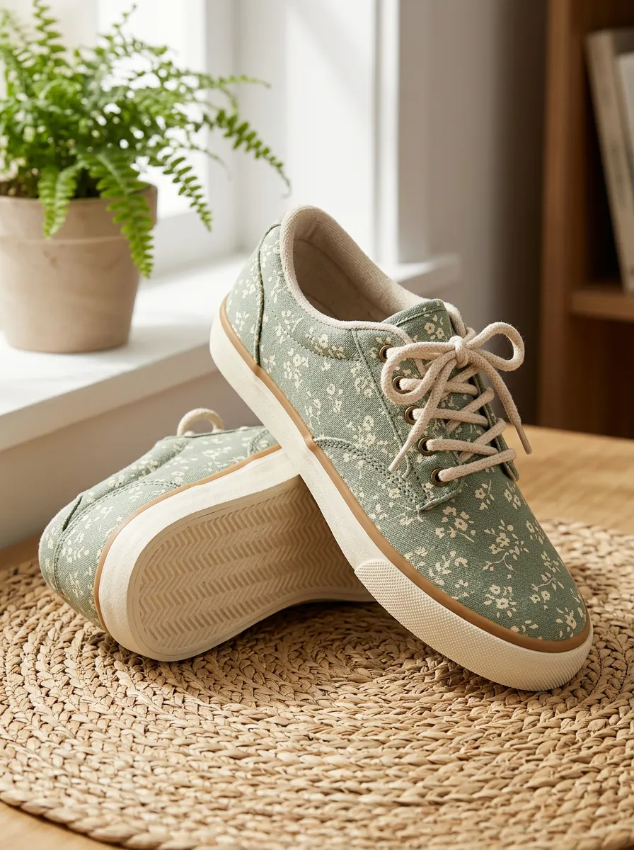 Women's Sage Green Floral Pattern Printed Canvas Shoes