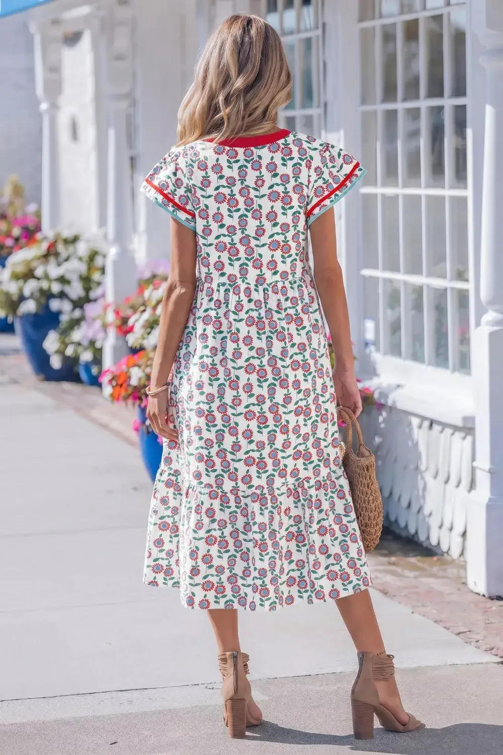 Print Ruffle Sleeve Tiered Midi Dress