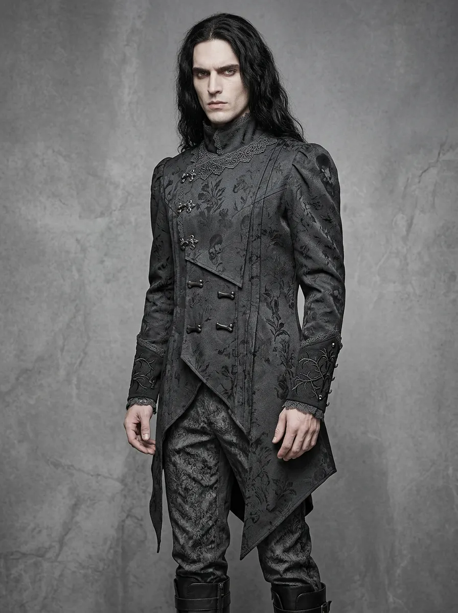 Darkwave Skull Floral Victorian Darkwear Style Men's Gothic Asymmetric Shirt