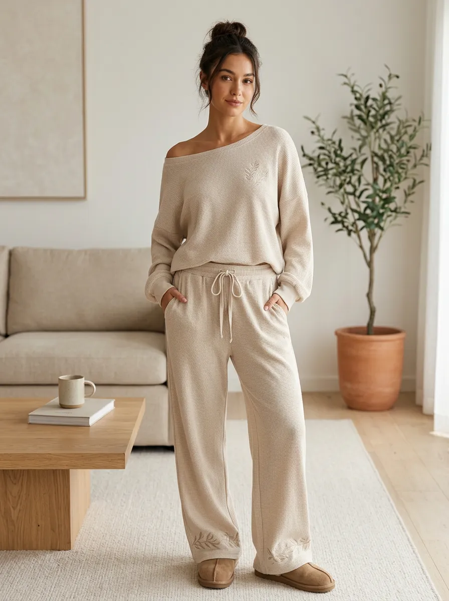 Women's Minimalist Nature Lover Leaf Embroidered Waffle Knit Loungewear Set
