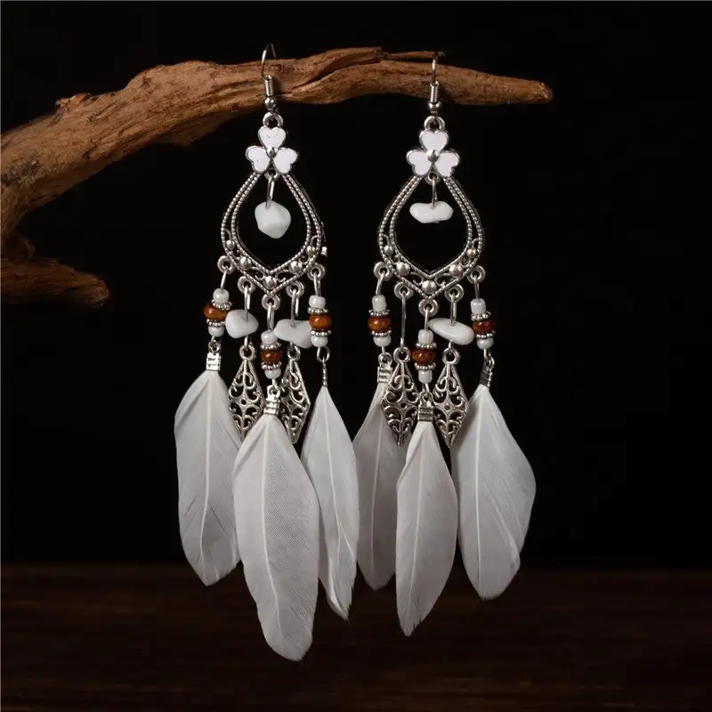 Feather Tassel Alloy Drop Earrings