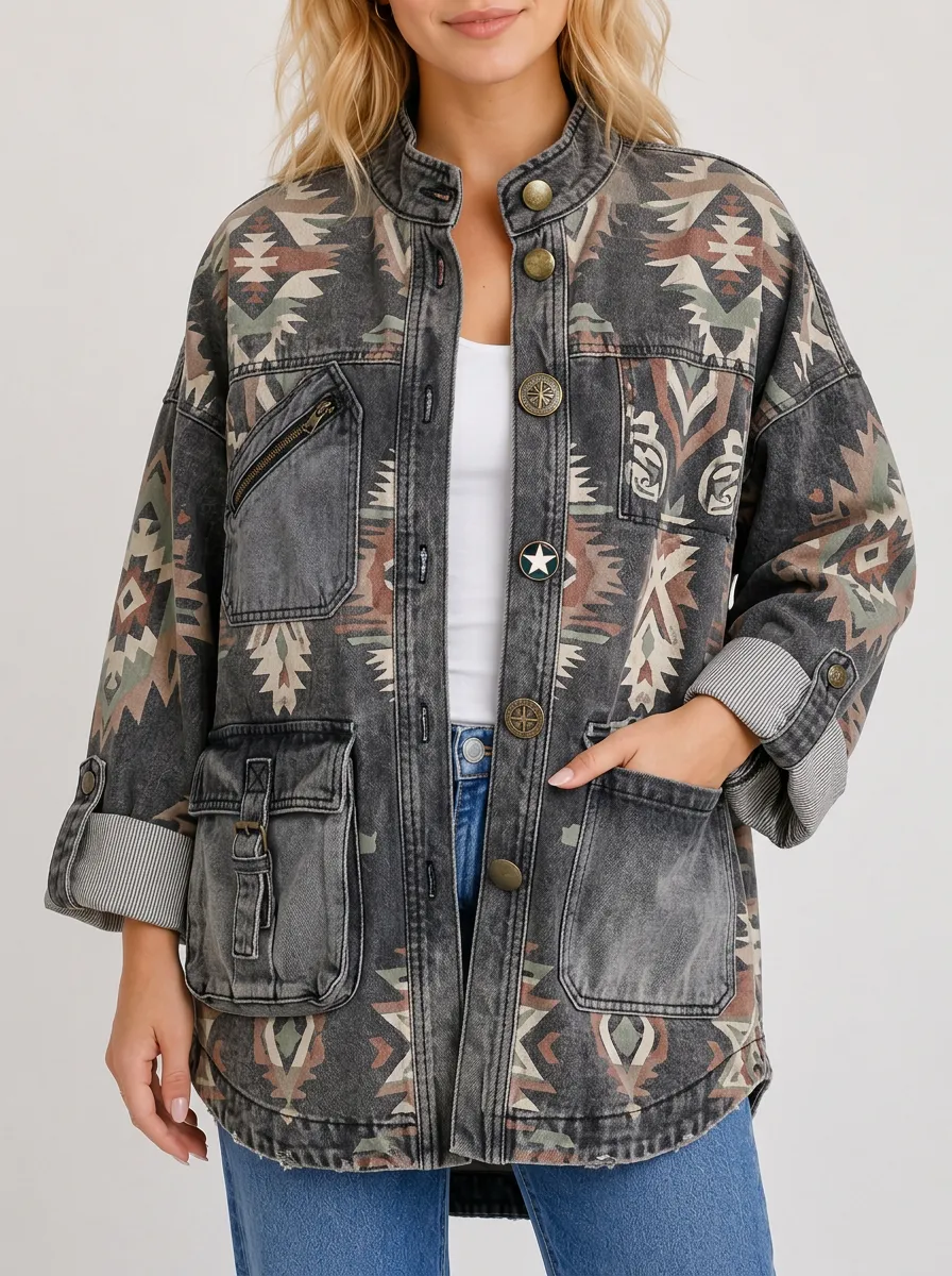 Women's Western Aztec Pattern Printed Denim Jacket