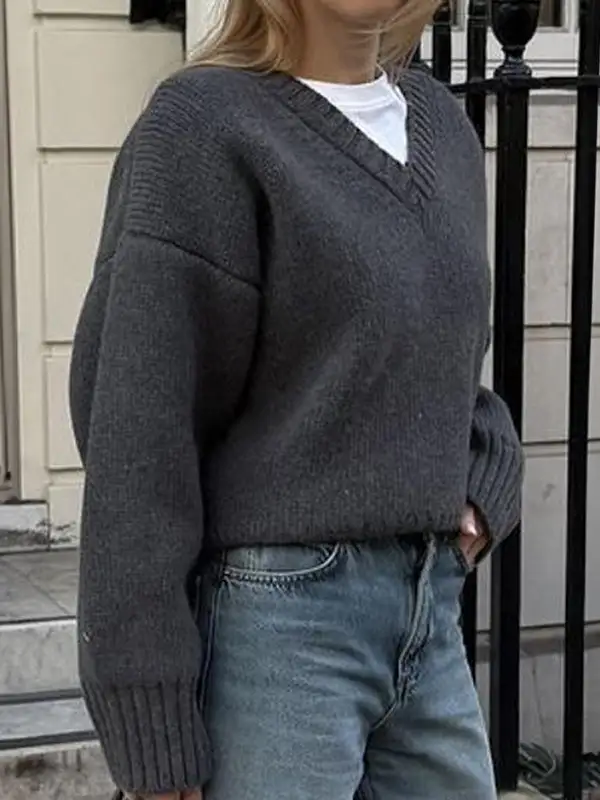 Ribbed V-Neck Long Sleeve Relaxed Fit Sweater