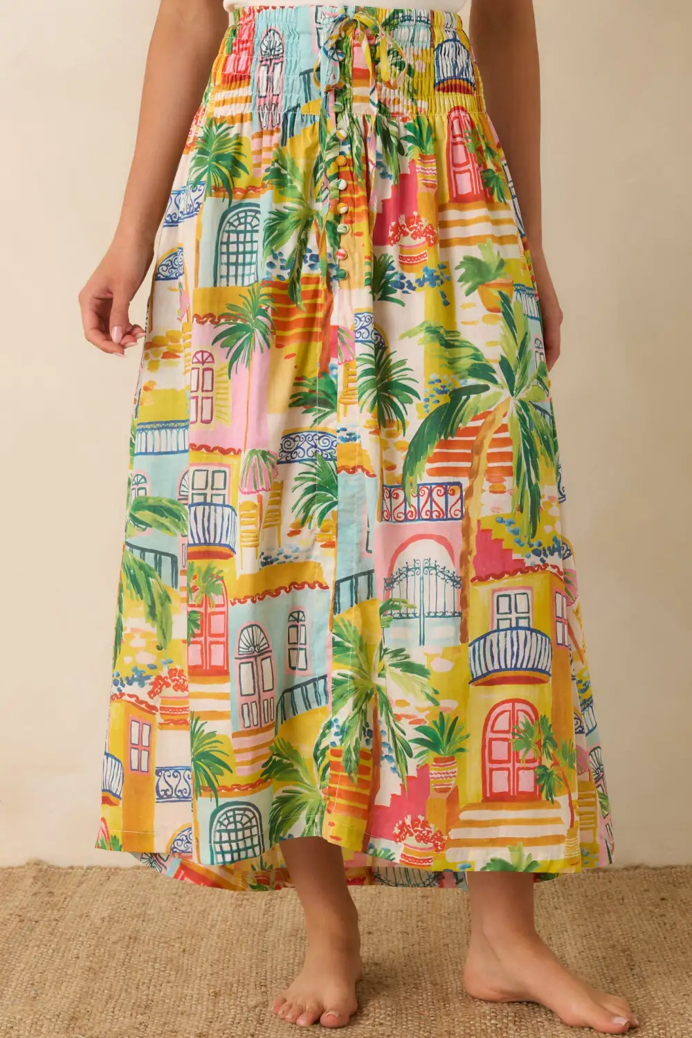 Coastal Village Print Cotton Maxi Skirt