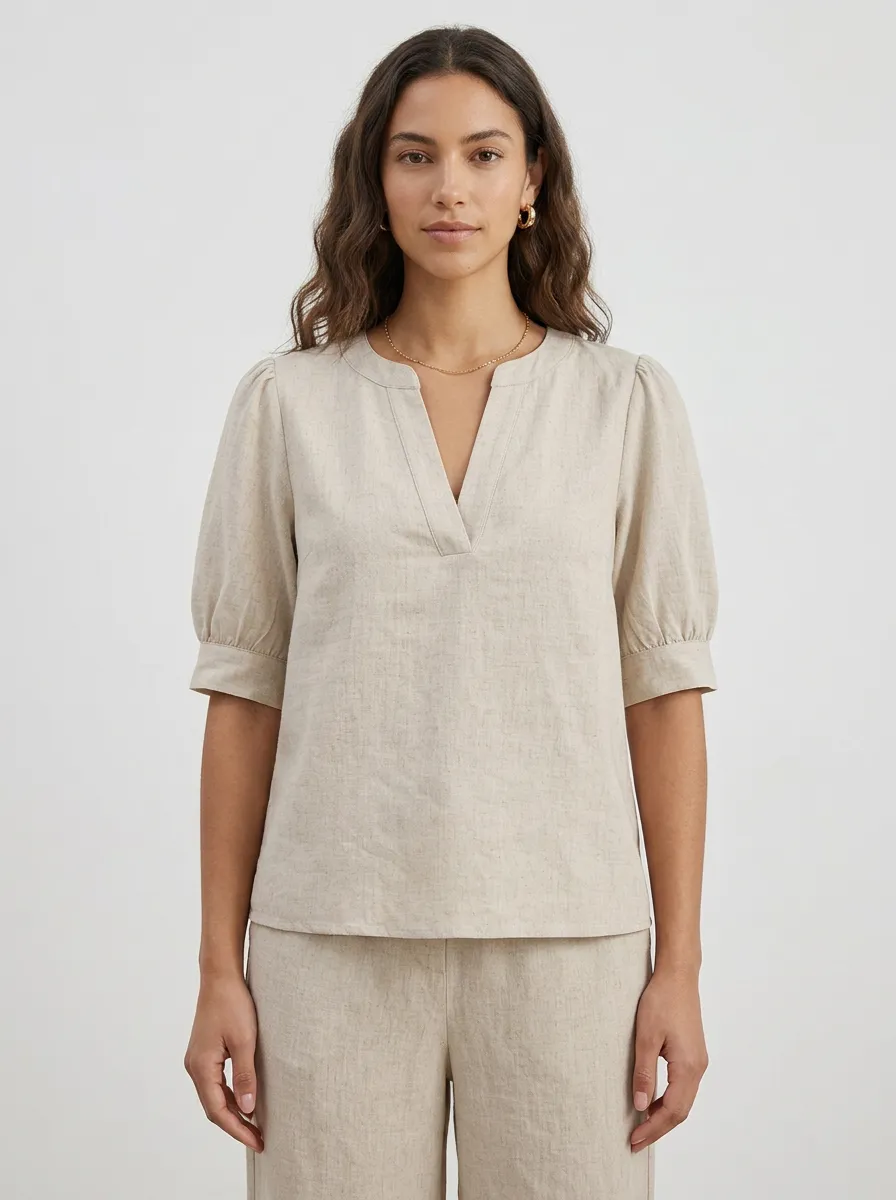 Puff-Sleeve Linen-Blend Women's V-Neck Shirt