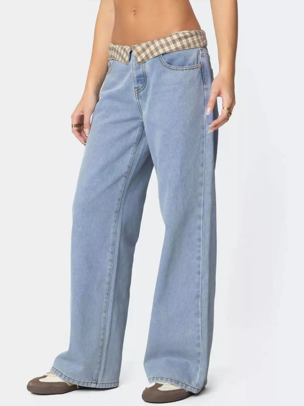 Plaid Trim Wide Leg Jeans