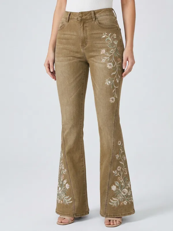 Women's Medium Wash Floral Embroidery Side Embroidery Flare Jeans