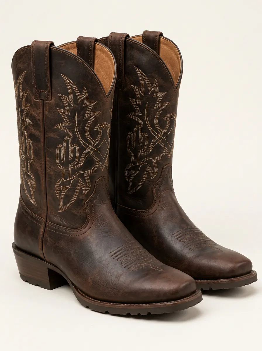 Men's Cactus Embroidered Brown Leather Cowboy Boots