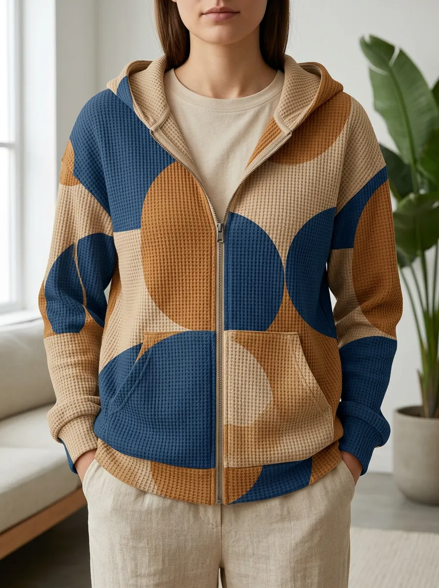 Women's Geometric Circle Pattern Waffle Knit Printed Zip Hoodie