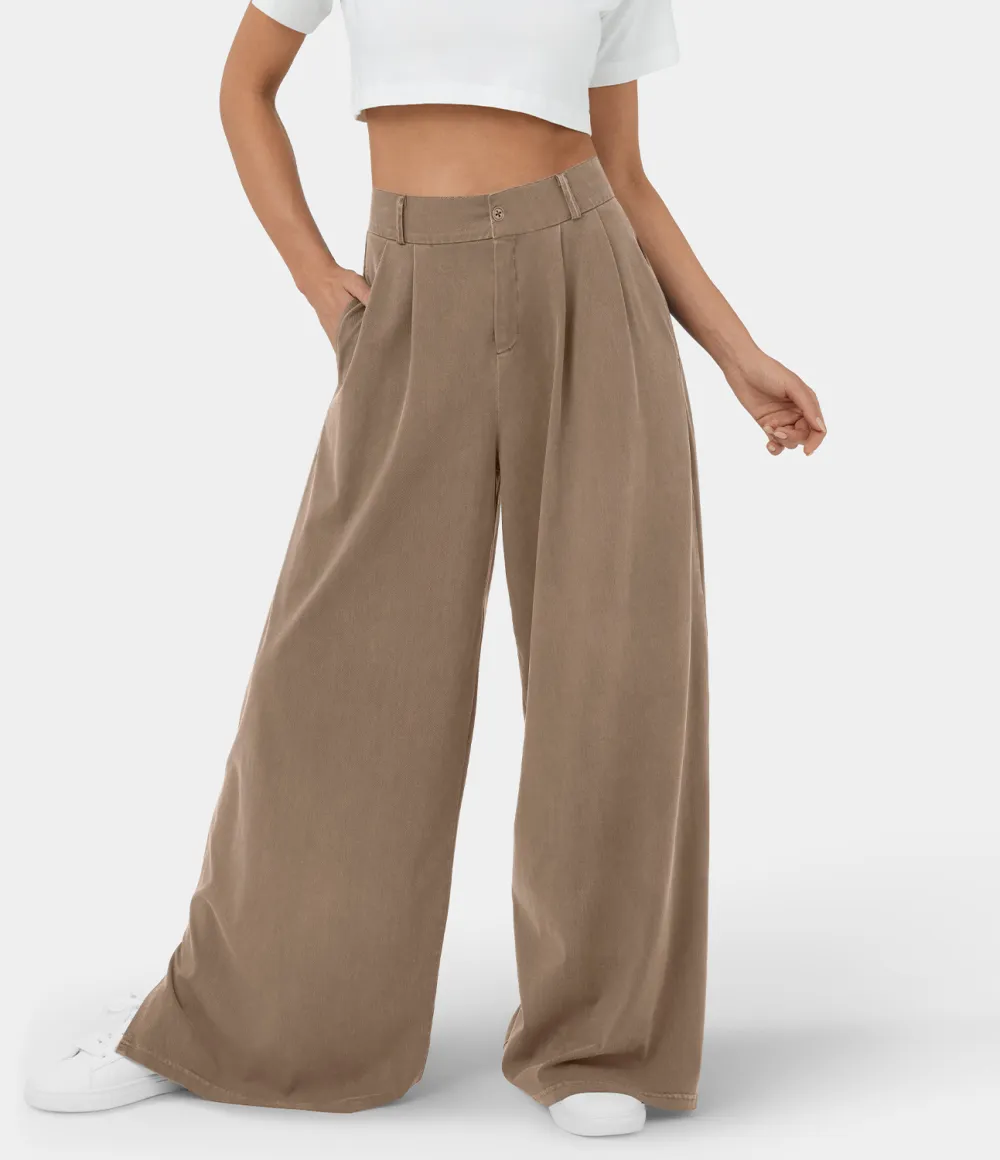 High Waisted Button Zipper Plicated Side Pocket Split Hem Wide Leg Casual Pants