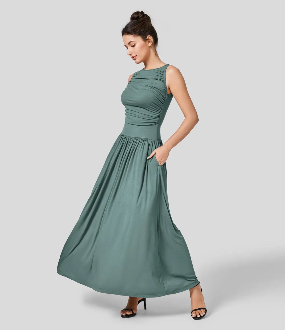 Ribbed Boat Neck Ruched Side Pocket Flowy Maxi Casual Dress