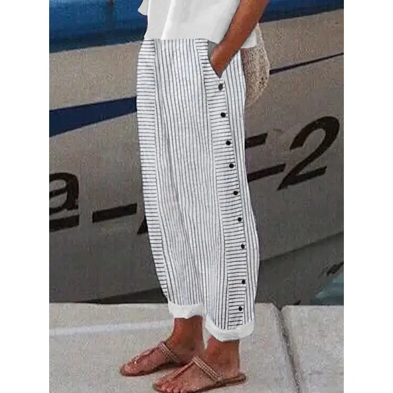 Women's Loose Fit Pocket Striped Button Detail Pants