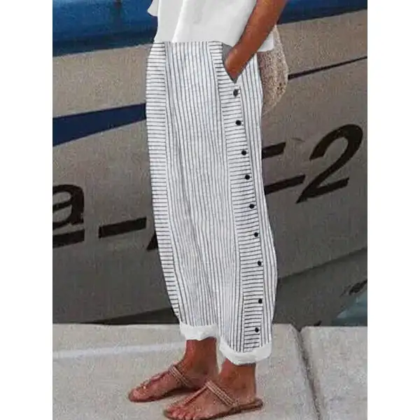 Women's Loose Fit Pocket Striped Button Detail Pants