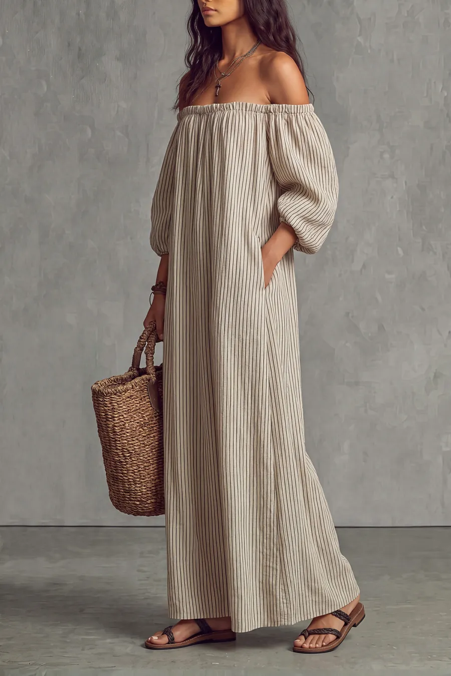 Off Shoulder Striped Maxi Dress